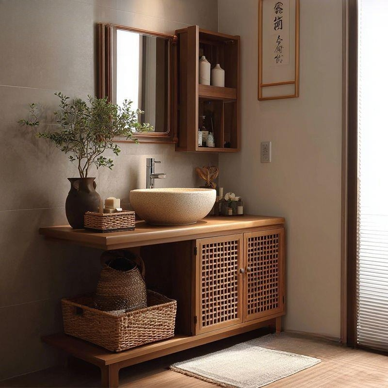 Japanese Furniture Hardware - 2026 Japanese-style Rattan Wabi-sabi Bathroom Cabinet